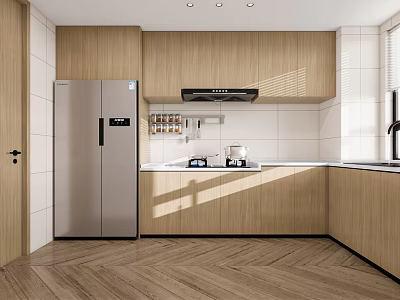 Modern Kitchen Interior With Wooden Cabinets Silver Refrigerator Tiled Walls And Herringbone Flooring 3d model