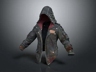 Vintage Dark Hooded Jacket With Red Lining And Metal Buckles Decorative Details 3d model