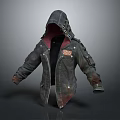 Vintage Dark Hooded Jacket With Red Lining And Metal Buckles Decorative Details