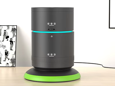 Black Cylindrical Daily Use Appliance With Blue Ring And Green Base 3d model