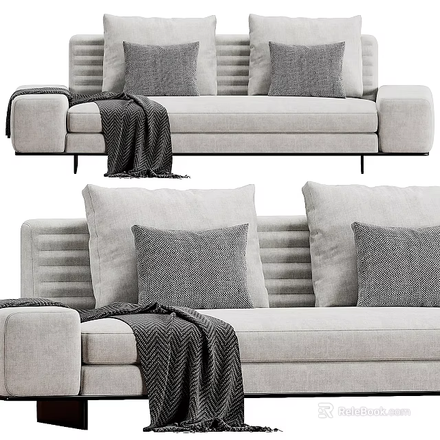 Modern Light Fabric Sectional Sofa With Multiple Pillows And Throw Blanket 3d model