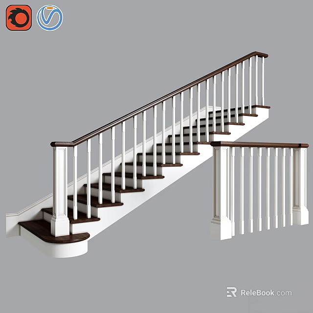 Modern Staircase Design With White Railings And Dark Wooden Steps 3d model 