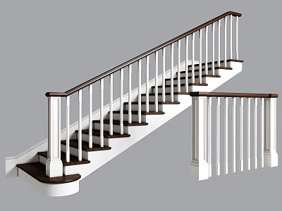 Modern Staircase Design With White Railings And Dark Wooden Steps 3d model