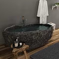 Dark Stone Freestanding Bathtub With Bathrobe On Rack Plants Stool And Wooden Floor Rug