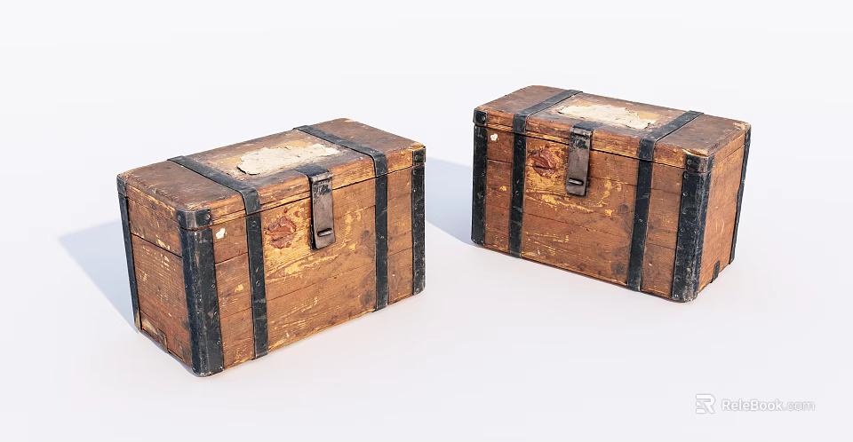 Vintage Wooden Trunks With Weathered Finish Black Straps And Metal Latches 3d model 