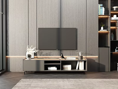 Modern Wooden TV Wall Design With TV Stand Books And Decorative Items 3d model