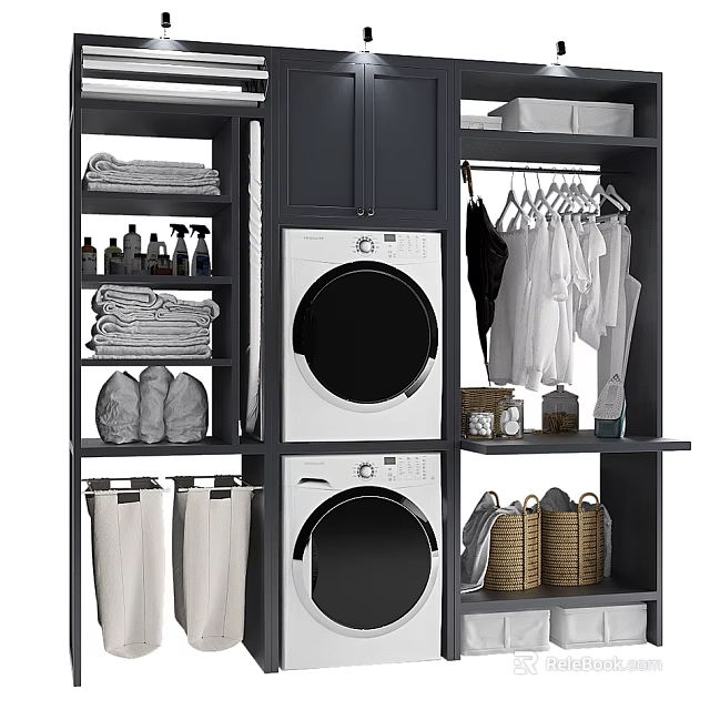 Modern Wardrobe Laundry Storage With Washing Machine Dryer Hanging Clothes Towels And Baskets 3d model 