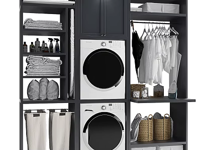 Modern Wardrobe Laundry Storage With Washing Machine Dryer Hanging Clothes Towels And Baskets 3d model