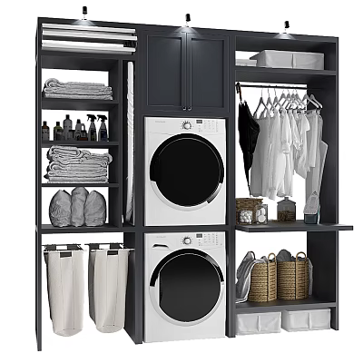 Modern Wardrobe Laundry Storage With Washing Machine Dryer Hanging Clothes Towels And Baskets 3d model