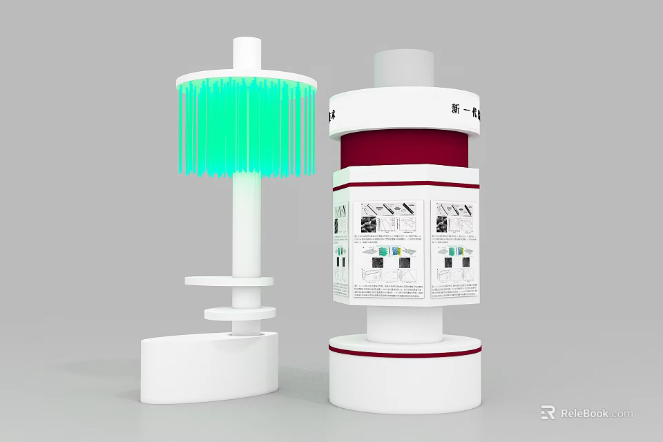 Modern Multi Tiered Display Shelves With Green Illuminated Accents And Product Posters 3d model 
