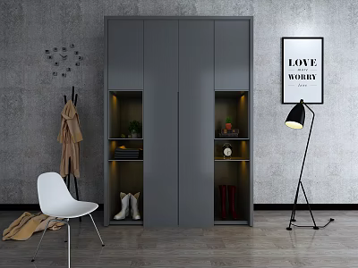Modern Grey Shoe Cabinet With Open Shelves Built In Lighting And Decorative Accents 3d model