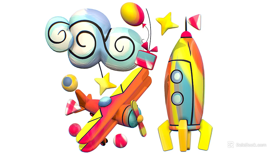 Colorful Rocket And Airplane With Stars Clouds Balloons And Gift Boxes For Space Themed Decorations 3d model 