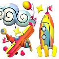Colorful Rocket And Airplane With Stars Clouds Balloons And Gift Boxes For Space Themed Decorations