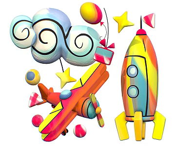 Colorful Rocket And Airplane With Stars Clouds Balloons And Gift Boxes For Space Themed Decorations 3d model