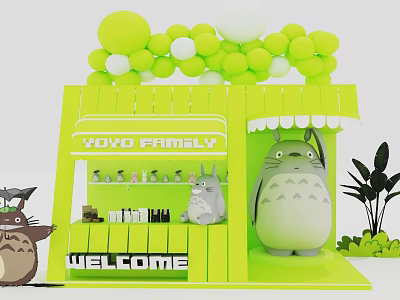 Vibrant Green YOYO FAMILY Photo Spot with Totoro Statues Balloon Decor and Welcome Sign 3d model