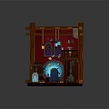 Cartoon Style Magical Room Scene With Wooden Frame Red Walls Magic Globe And Hanging Lanterns