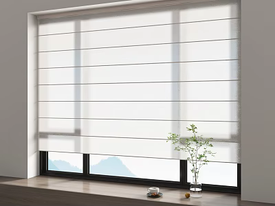 Modern White Venetian Blinds On Window With Indoor Plant And Mountain View 3d model