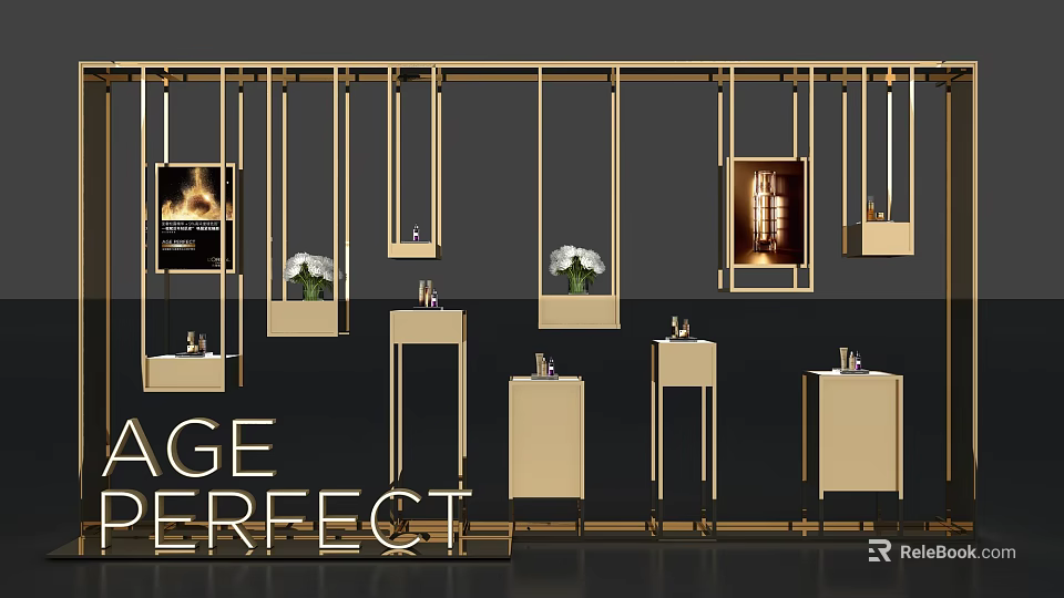 Elegant Display Area With Golden Hanging Frames Flower Vases And Age Perfect 3d model 
