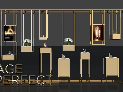 Elegant Display Area With Golden Hanging Frames Flower Vases And Age Perfect 3d model