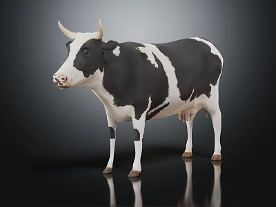 3D Rendered Black And White Spotted Cow Standing On Black Background With Reflection 3d model