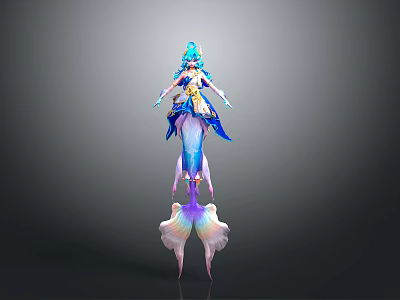 3D Animated Character Model With Blue Hair And Double Fish Tails In Ornate Costume 3d model