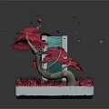 Vibrant Cartoon Scene With Pink Tree Falling Leaves White Base Pink Grass Blue Square Ground