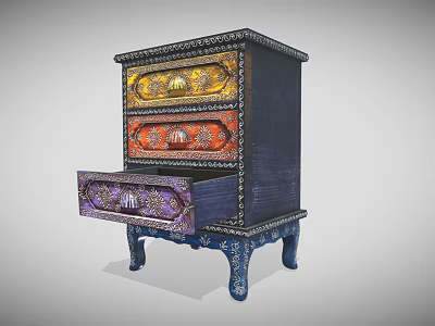 Vintage Decorative Chest of Drawers With Colorful Ornate Panels and Carved Blue Legs 3d model