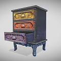 Vintage Decorative Chest of Drawers With Colorful Ornate Panels and Carved Blue Legs