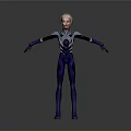 Futuristic 3D Character Model With Gray Hair Blue Silver Suit Arms Outstretched