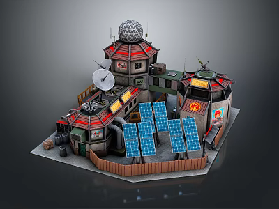 Cartoon Scene with Tower Dome Structure Satellite Dish Solar Panels Colorful Roofs Decorations and Wooden Fence 3d model