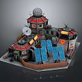 Cartoon Scene with Tower Dome Structure Satellite Dish Solar Panels Colorful Roofs Decorations and Wooden Fence