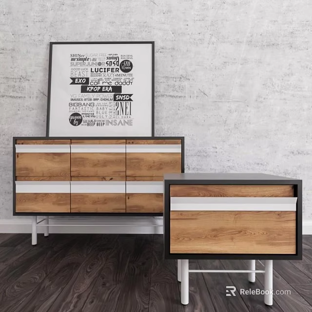 Modern Wooden Bedside Tables With Drawers And Wood White Black Accents On Gray Brick Wall 3d model 