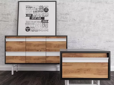 Modern Wooden Bedside Tables With Drawers And Wood White Black Accents On Gray Brick Wall 3d model