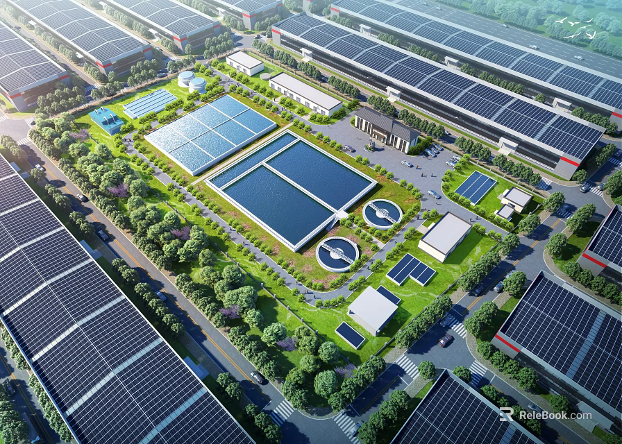Industrial Factory Complex With Solar Panels Green Landscaping And Multiple Buildings 3d model 