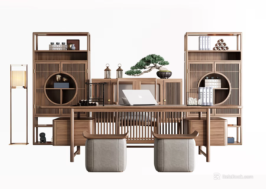 Chinese Traditional Wooden Desk Interior With Circular Shelves Potted Pine And Stools 3d model 