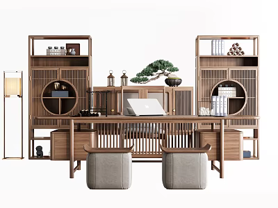 Chinese Traditional Wooden Desk Interior With Circular Shelves Potted Pine And Stools 3d model