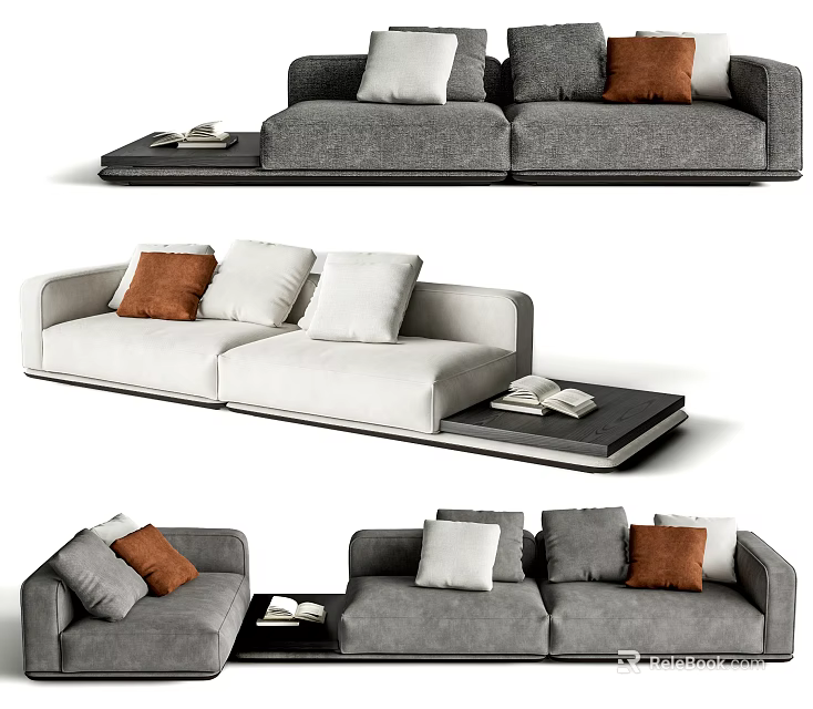 Modern Multi Seater Sectional Sofa With Gray White Pillows And Side Table 3d model