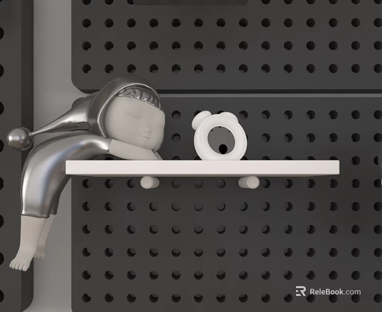 Modern Black Perforated Hinged Door With White Shelf Silver Doll And White Bear Decoration 3d model 