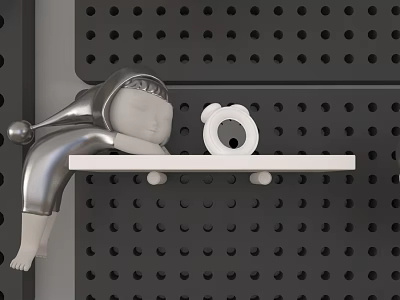Modern Black Perforated Hinged Door With White Shelf Silver Doll And White Bear Decoration 3d model