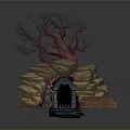 Enchanting Fantasy Landscape With Twisted Red Tree Rocks Blue Arched Door And Orange Ground