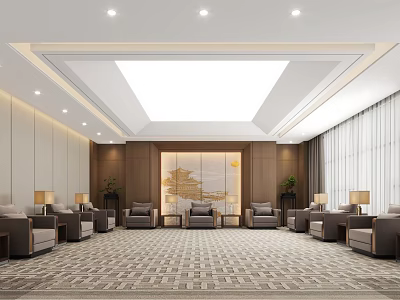 Elegant Modern Reception Area Featuring Gray Sofas Wooden Backdrop Decorative Art Ceiling Lights Patterned Carpet 3d model