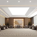 Elegant Modern Reception Area Featuring Gray Sofas Wooden Backdrop Decorative Art Ceiling Lights Patterned Carpet 3d model