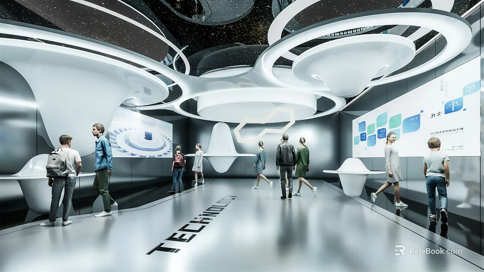 Futuristic Technology Exhibition Hall With Modern Design Circular Ceiling Display Screens And Visitors 3d model 