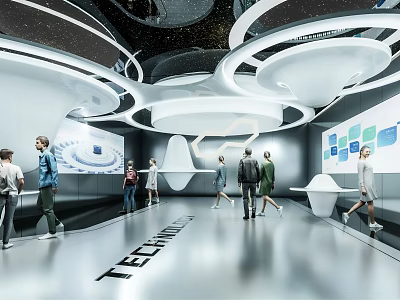 Futuristic Technology Exhibition Hall With Modern Design Circular Ceiling Display Screens And Visitors 3d model