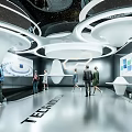 Futuristic Technology Exhibition Hall With Modern Design Circular Ceiling Display Screens And Visitors