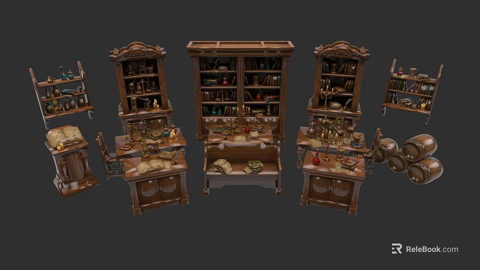 Traditional Ceramic Vessels Displayed On Wooden Bookshelves And Tables 3d model 