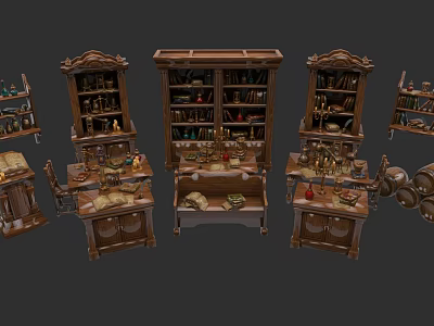 Traditional Ceramic Vessels Displayed On Wooden Bookshelves And Tables 3d model