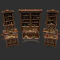 Traditional Ceramic Vessels Displayed On Wooden Bookshelves And Tables