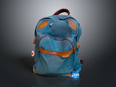 Blue Canvas Backpack With Brown Leather Trim Front Pocket And Decorative Tag 3d model