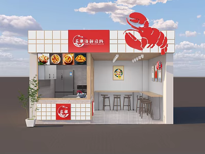 Spicy Crayfish Mall Shop With Red Signboard Dining Tables And Kitchen Equipment 3d model